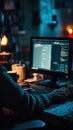 Programmer working late in dimly lit workspace