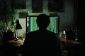 Programmer Working Late Night Coding on Computer Screen Green Code Dark Room