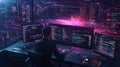 Programmer working late at night in front of multiple monitors displaying code and data Royalty Free Stock Photo
