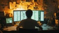 Programmer working late night with multiple monitors Royalty Free Stock Photo