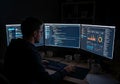 Programmer working late at night on multiple monitors displaying code and data {Ai generated Royalty Free Stock Photo