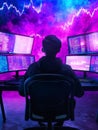 Programmer Working Late Night A person sits in a chair in front of multiple computer screens displaying code illuminated by Royalty Free Stock Photo