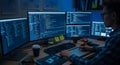 Programmer working on multiple computer screens filled with code, sitting at desk with coffee cups, intense focus, late night Royalty Free Stock Photo