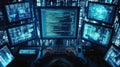 Programmer working with multiple computer screens showing code and data visualizations Royalty Free Stock Photo