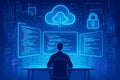 Programmer working on multiple screens displaying code and cloud computing interface programming coding Royalty Free Stock Photo
