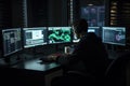 Programmer working at their computer, surrounded by monitors displaying code. Generative AI Royalty Free Stock Photo