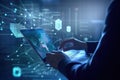 Programmer working at their computer, surrounded by monitors displaying code. Generative AI Royalty Free Stock Photo