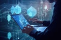 Programmer working at their computer, surrounded by monitors displaying code. Generative AI Royalty Free Stock Photo