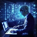 Programmer working at their computer, surrounded by monitors displaying code. Generative AI Royalty Free Stock Photo