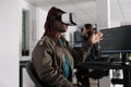 It programmer working with virtual reality headset to develop server app in it big data office Royalty Free Stock Photo