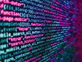 Programmer workplace. Abstract source code background. Program development concept. Developer working on source codes on computer Royalty Free Stock Photo