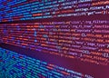 Programmer workplace. Screen of web developing javascript code. Close up of computer web page code inside of html file. Laptop Royalty Free Stock Photo