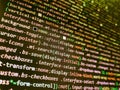 Programmer workplace. Shallow Depth of Field effect. Programing workflow abstract algorithm concept. Closeup of Web Code on Royalty Free Stock Photo