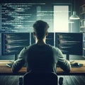 A programmer works on code displayed across multiple monitors in a sunlit office, focusing intently on software development.