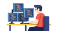 A programmer works diligently at his desk, coding on multiple computer screens, representing software development Royalty Free Stock Photo