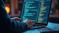 Programmer coding on laptop with HTML and CSS elements at night