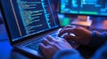 A programmer coding late at night in a dimly lit workspace surrounded by screens. Generative AI