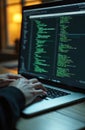 Programmer works on laptop, coding application. Man types on keyboard. Software developer creates computer program. Hacking, Royalty Free Stock Photo
