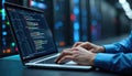 Programmer works on laptop. Coding, software development, database management, support. Server room background with digital Royalty Free Stock Photo