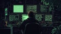 A programmer works late at night at a dark workstation surrounded by multiple monitors displaying code and data in Royalty Free Stock Photo