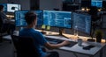 Software developer working late at night in an office, surrounded by multiple computer monitors displaying lines of code Royalty Free Stock Photo