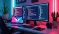 Programmer works on software project. Modern tech devices in home office. Developer coding on multiple monitors. Laptop computer Royalty Free Stock Photo