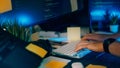 Programmer Workspace Night Coding Monitor Keyboard Sticky Notes Royalty Free Stock Photo