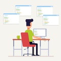 The programmer writes code on the computer. Multi-specialist. The man at the workplace. Back view. Vector, illustration Royalty Free Stock Photo