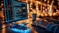 Programmer writing code on computer in cozy office at night