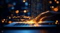Programmer writing code on laptop keyboard creating futuristic data stream Royalty Free Stock Photo
