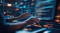 A programmer writing code on multiple monitors in a dimly lit room at night, focused on complex data and algorithms Royalty Free Stock Photo
