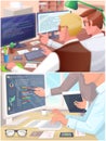 Programmers and analyst at table with computer pointing to display with charts and program code Royalty Free Stock Photo