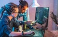 Programmers are developing software by working with software code together. Modern job of web ux Designer Royalty Free Stock Photo