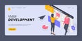 Programmers developing web software. Banner template. Isometric vector illustration