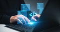 Programmers Hands Typing Code on Laptop with Digital Interface Overlays Royalty Free Stock Photo