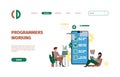 Programmers landing. Digital designers working on laptop coders writing code garish vector templates of web pages
