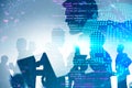 Programmers silhouettes, planet hologram and code Royalty Free Stock Photo