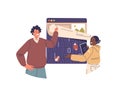 Programmers team characters testing website, searching and finding bugs spyware technical problems