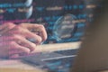 Programmers work with computer code on a virtual interface. Digital software technology development concept