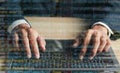 Programmers work with computer code on a virtual interface. Digital software technology development concept.