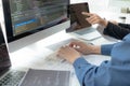Programmers work on the development of coding and coding technology on white desks and website design, software, data processing Royalty Free Stock Photo