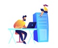 Programmers working with laptops and server rack vector illustration. Royalty Free Stock Photo