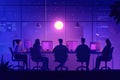 Programmers Working Late at Night in Modern Office with Big Window Showing Full Moon Royalty Free Stock Photo
