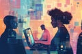 Programmers working with software code and digital data using computer in futuristic cyberspace Royalty Free Stock Photo
