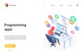 Programming app technology isometric landing page, mobile application development process Royalty Free Stock Photo