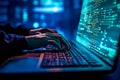 Programming background with person working with codes on computer. Generative AI Royalty Free Stock Photo