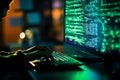 Programming background with person working with codes on computer. Generative AI
