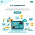 Programming banner, coding, best programming languages. Development and software concept. Computer code with windows on laptop Royalty Free Stock Photo