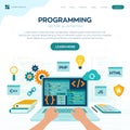 Programming banner, coding, best programming languages. Development and software concept. Computer code with windows on laptop Royalty Free Stock Photo