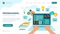 Programming banner, coding, best programming languages. Development and software concept. Computer code with windows on laptop Royalty Free Stock Photo